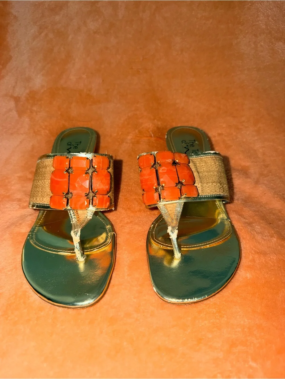 vintage y2k metallic gold - orange jeweled wedge sandals 🧡 touch of nina 8.5 M
